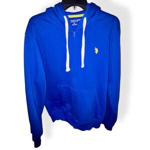 U.S. POLO ASSN Men's Front Zip Blue Fleece Hoodie Yellow Logo White Drawstrings